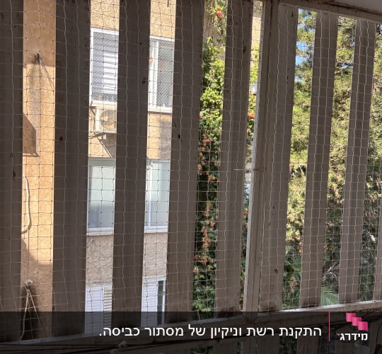 רשת יונים מותקנת על מרפסת עם נוף חיצוני